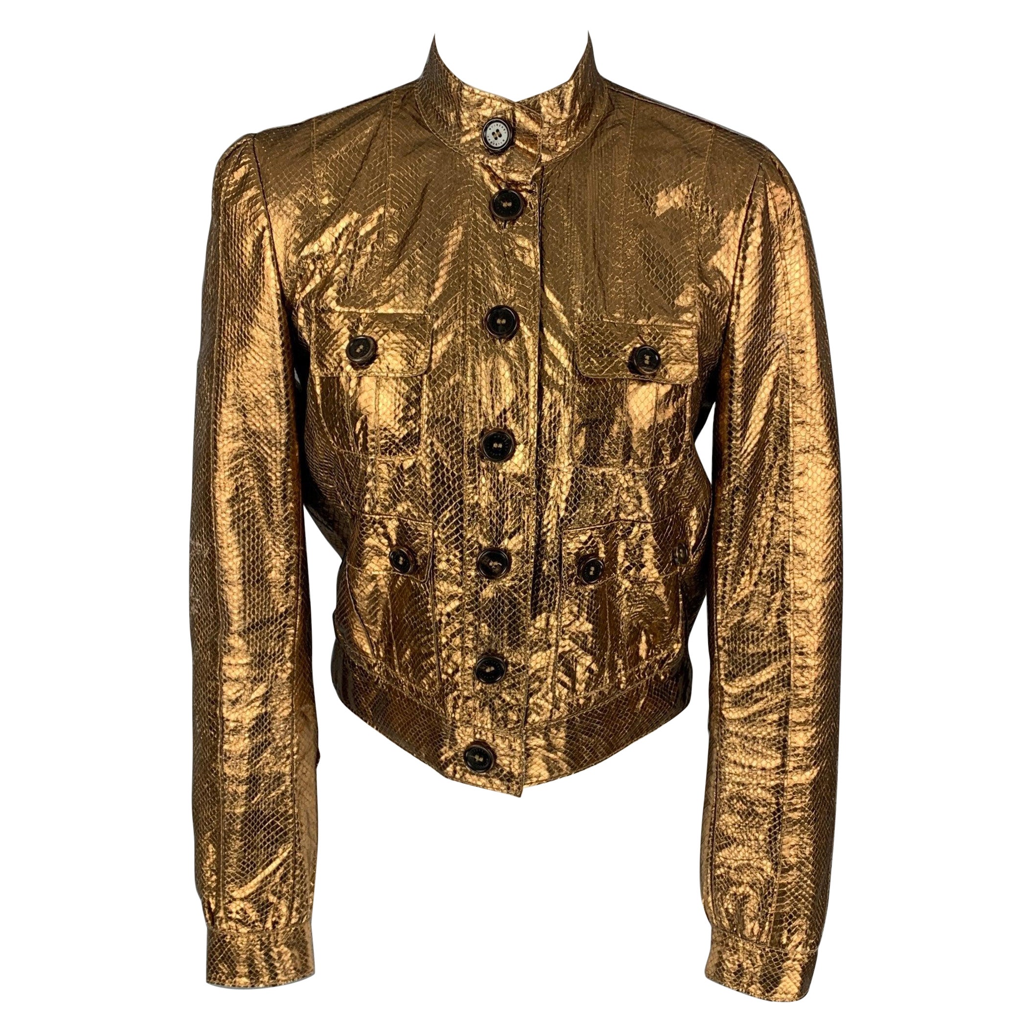 MULBERRY Size 6 Gold Leather Metallic Snake Skin Buttoned Jacket For Sale