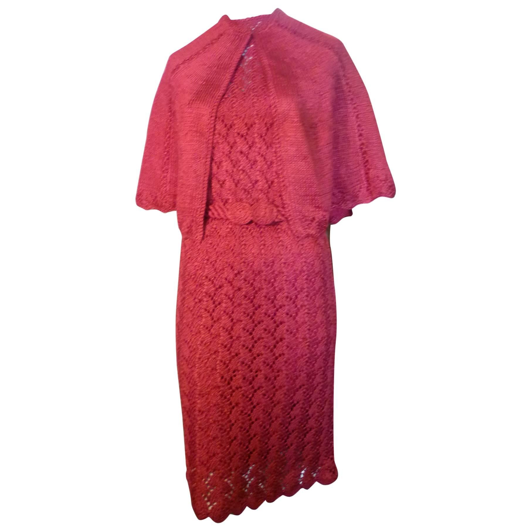 1950s Unique Raffia Knit and Crochet Dress and Matching Cape For Sale