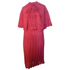 1950s Unique Raffia Knit and Crochet Dress and Matching Cape