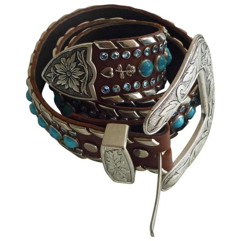 Kippys Tan Western Belt with Turquoise Stones 34" at 1stDibs kippys