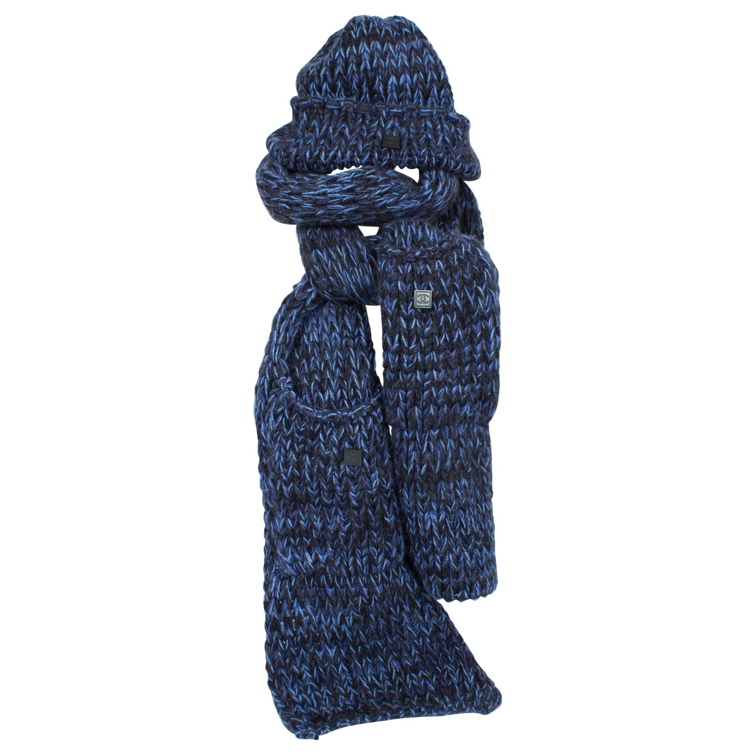 Chanel Knit Hat & Scarf - black/blue cashmere For Sale