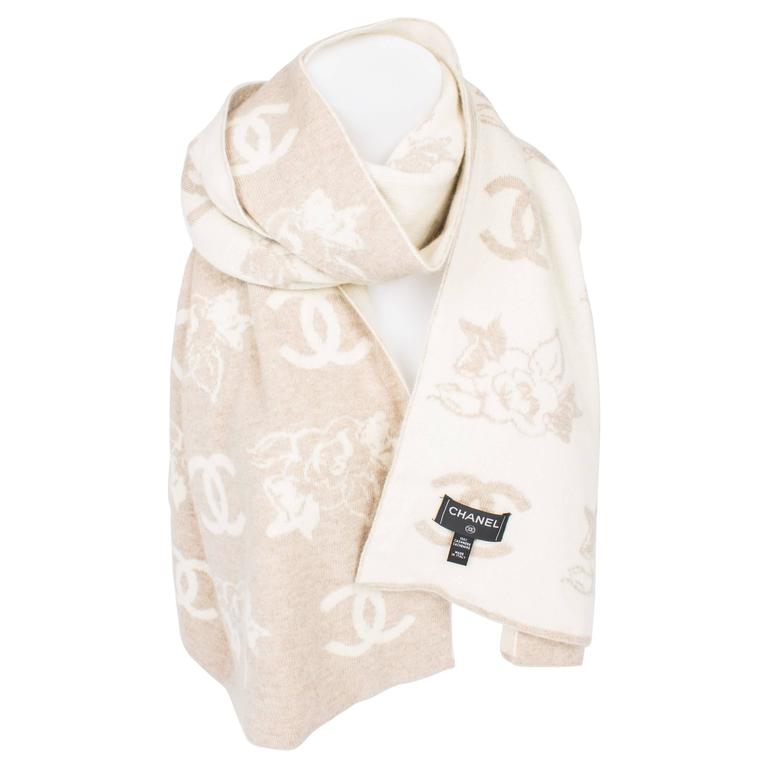 Chanel Scarf Stole Beige White Camellia Floral A39577 Silk Woman New 35in  Auth😍