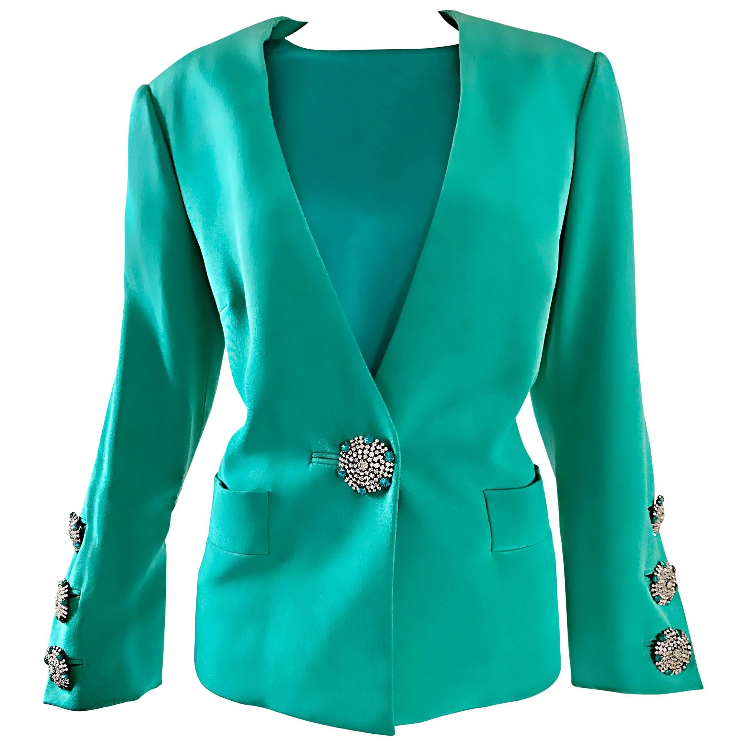 Vintage Yves Saint Laurent Haute Couture Kelly Green Silk Jacket and Shell Set For Sale