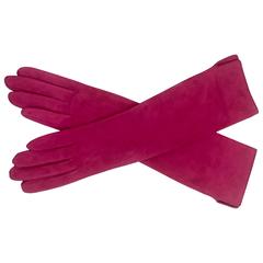 Chanel Vintage CC Quilt Logo Raspberry Dark Pink Suede Long Elbow Length Gloves