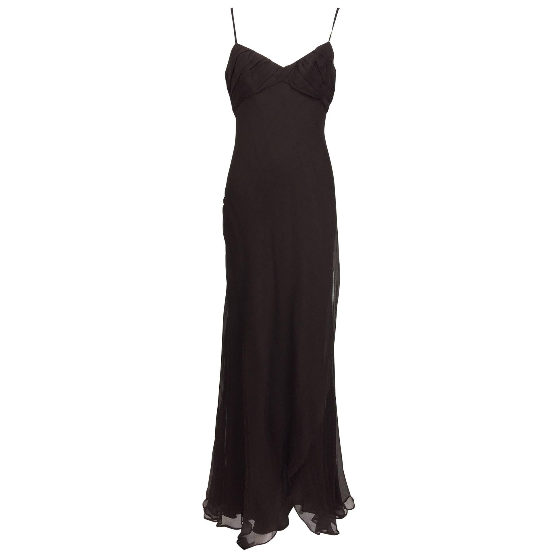 J. Mendel Paris chocolate brown silk chiffon bias cut evening dress 8