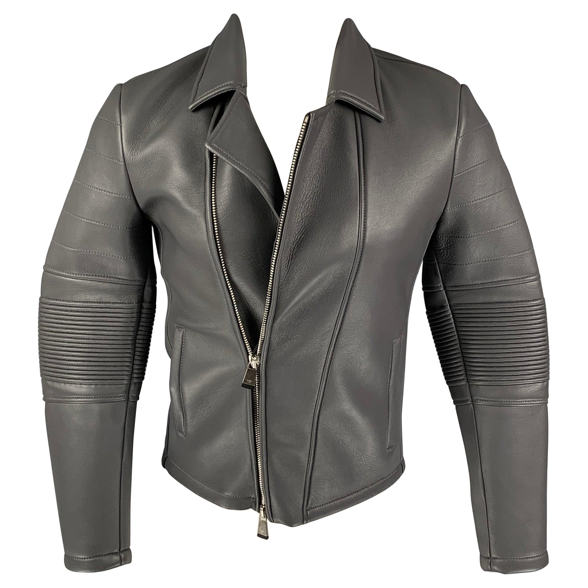EMPORIO ARMANI Size 34 Grey Leather Biker Jacket For Sale