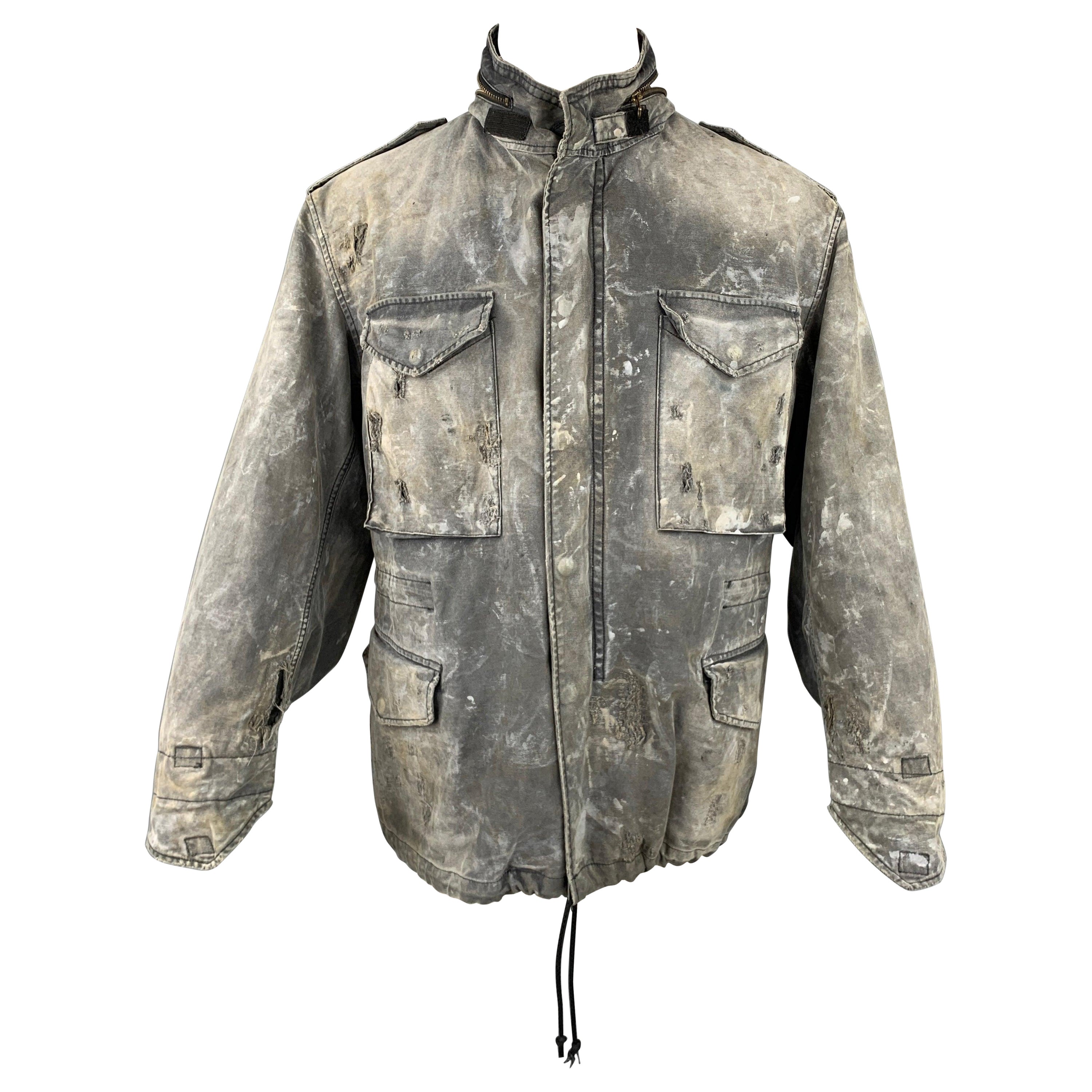 R13 Size M Gray Distressed Cotton Destroyed Military Hooded Jacket For Sale