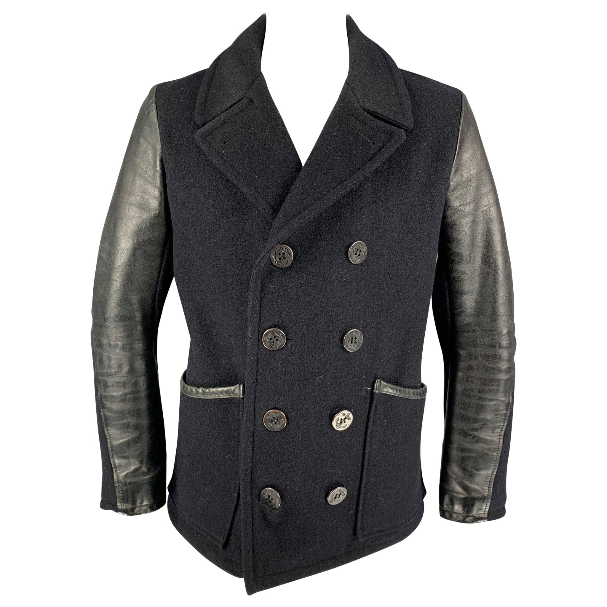 SCHOTT Size L Black Mixed Fabrics Double Breasted Peacoat For Sale