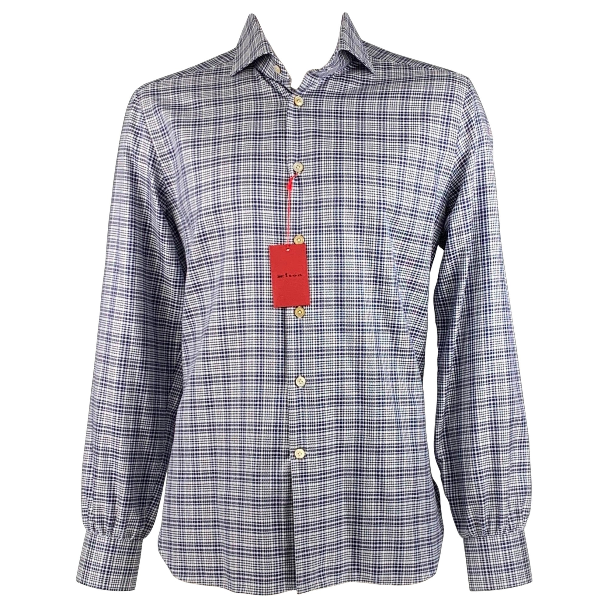 KITON, chemise à manches longues en coton Glenplaid blanc marine, taille XL en vente