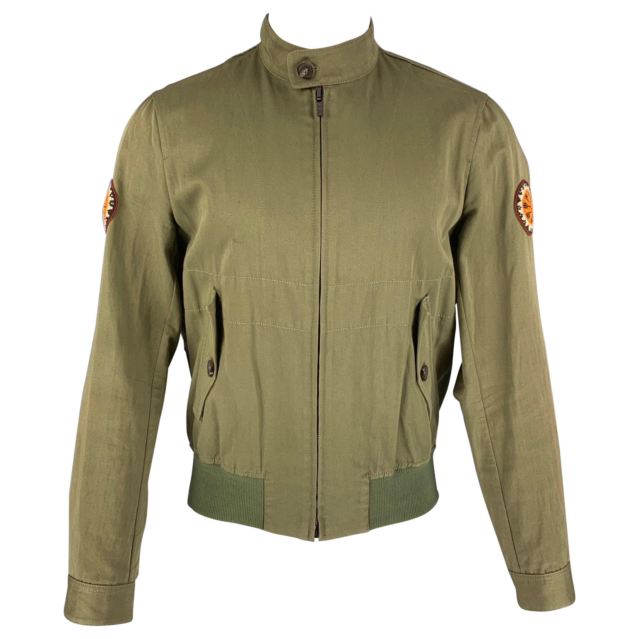 ROBERTO CAVALLI 2016 Size 36 Green Beaded Cotton Linen Zip Up Jacket For Sale