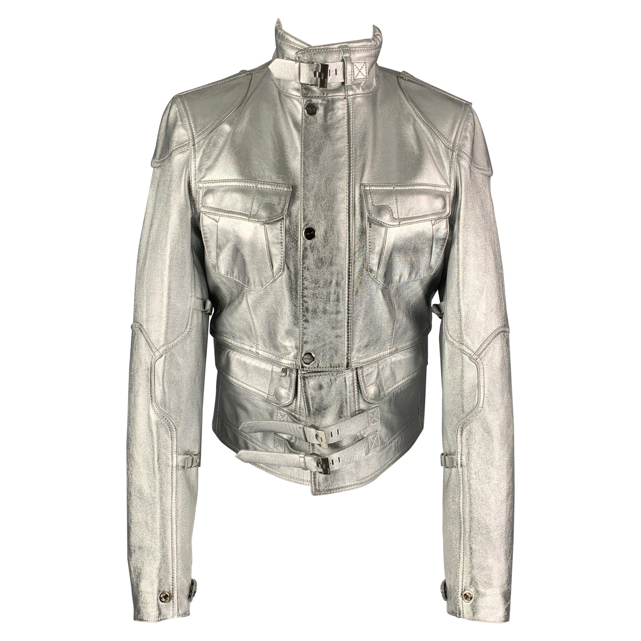 RALPH LAUREN Black Label Size M Silver Leather Metallic Lambskin Jacket For Sale