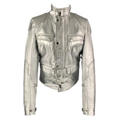 RALPH LAUREN Black Label Size M Silver Leather Metallic Lambskin Jacket (veste en cuir d'agneau métallisé)