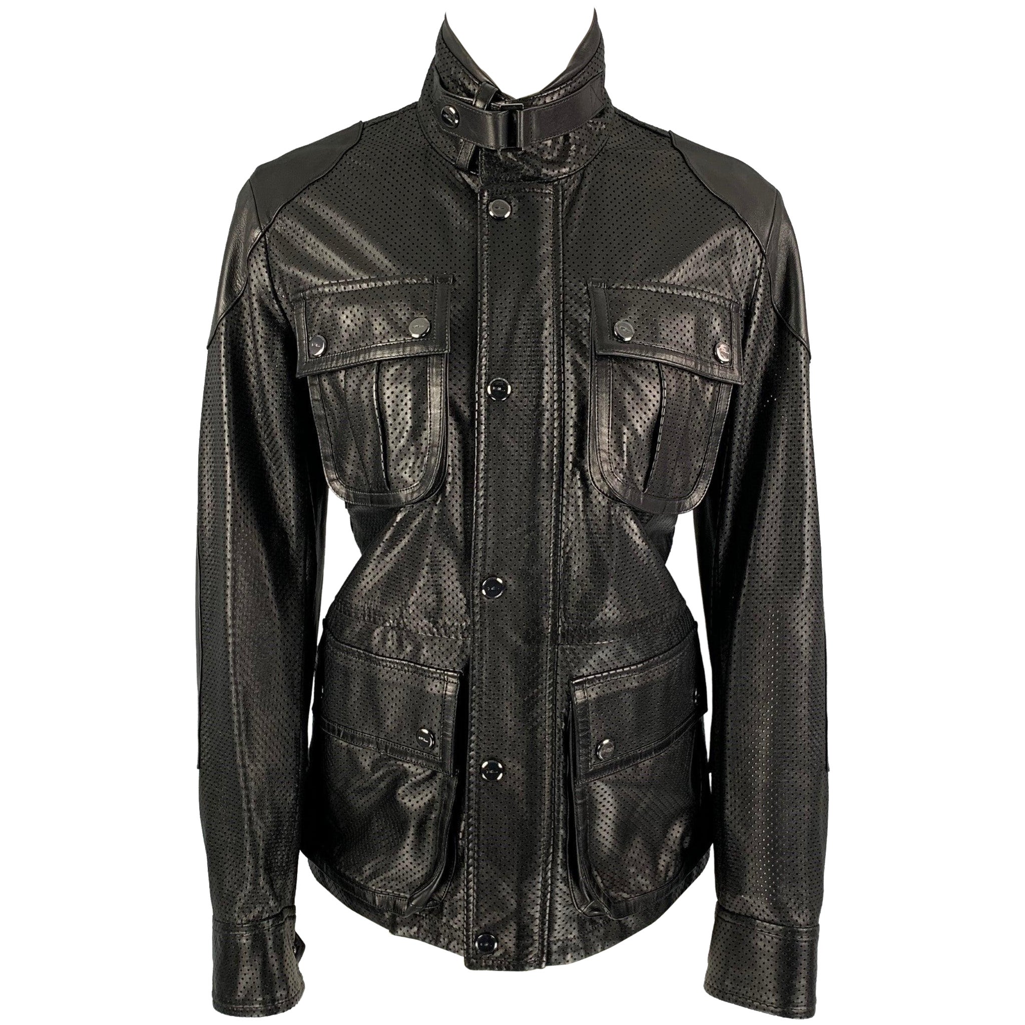RALPH LAUREN Black Label Size 2 Black Leather Perforated Lambskin Jacket For Sale