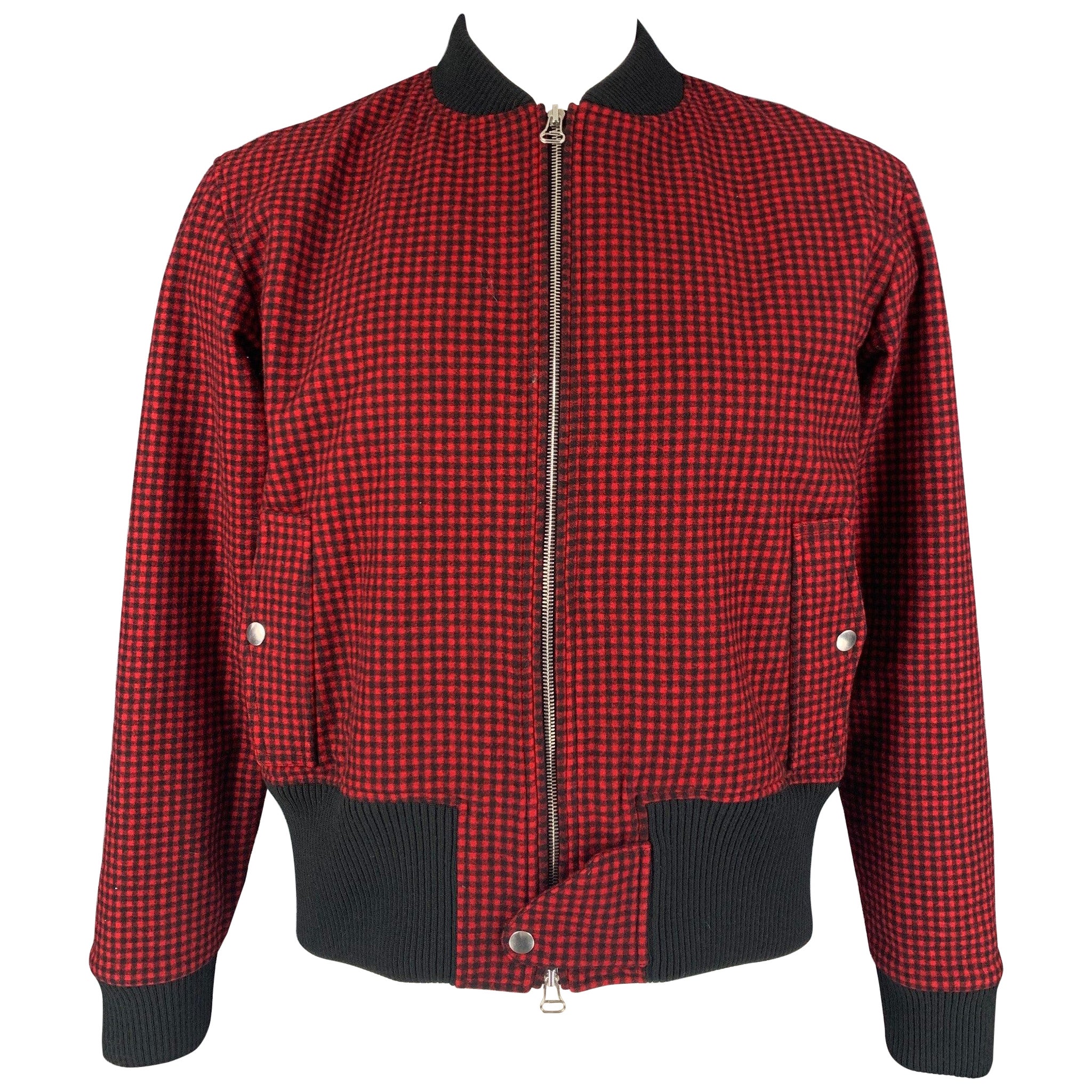 BAND OF OUTSIDERS Size 40 Red Black Checkered Wool Bomber Jacket For Sale