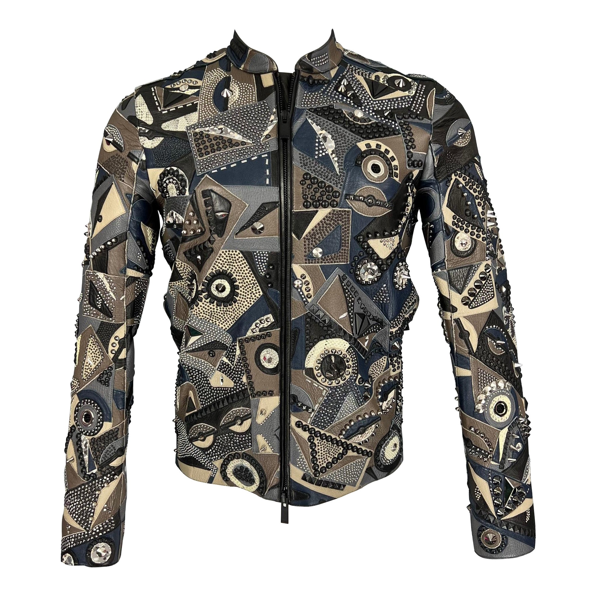 FENDI Spring 2016 Size 34 Lamb Deer Leather Snakeskin Studded Monster Jacket For Sale