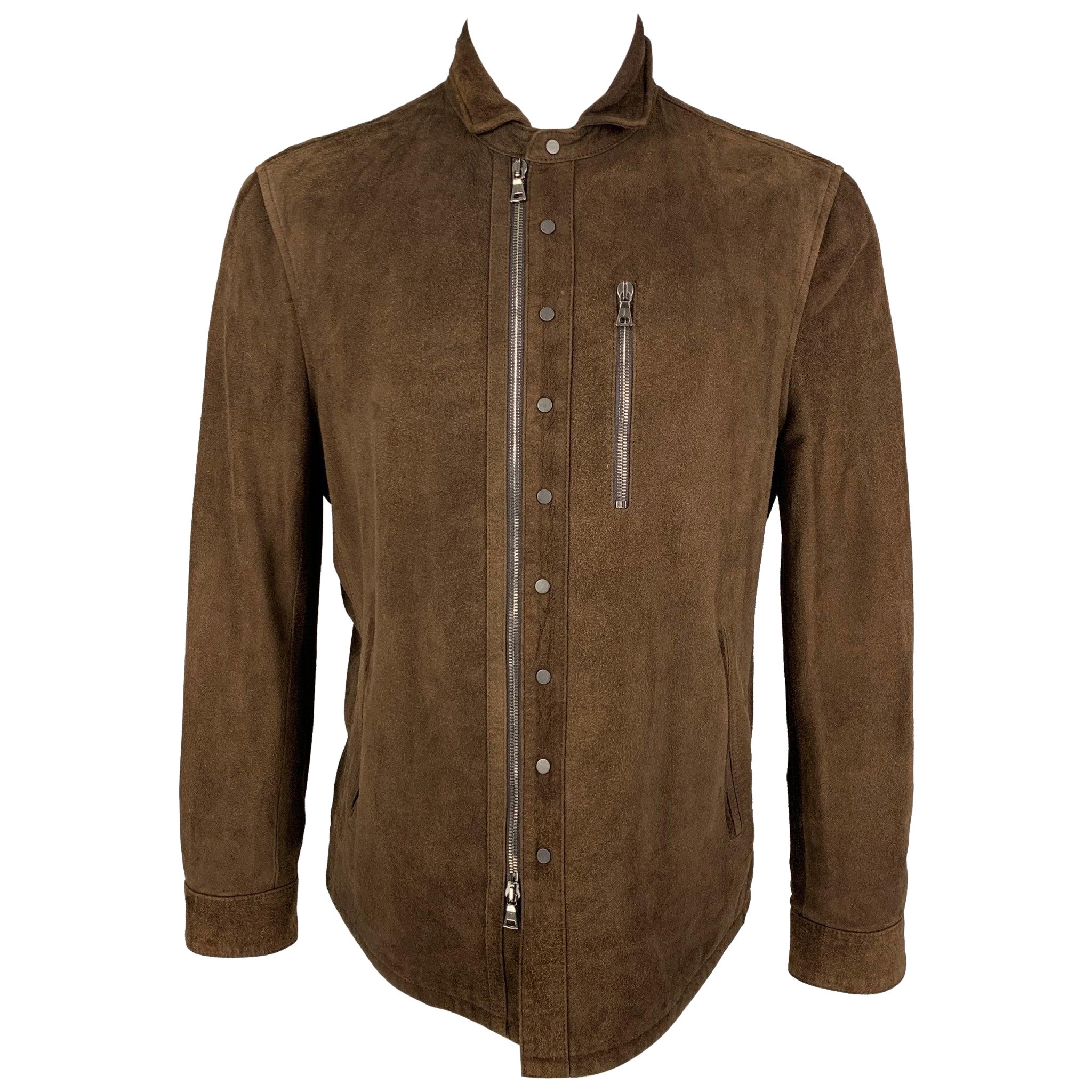 JOHN VARVATOS Size 40 Brown Suede Zip & Snaps Jacket For Sale