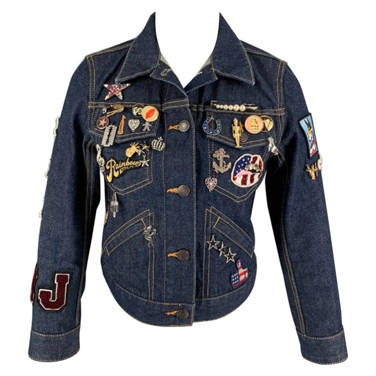 MARC JACOBS Size S Indigo Denim Contrast Stitch Pin Charms Sequin Mermaid Jacket For Sale