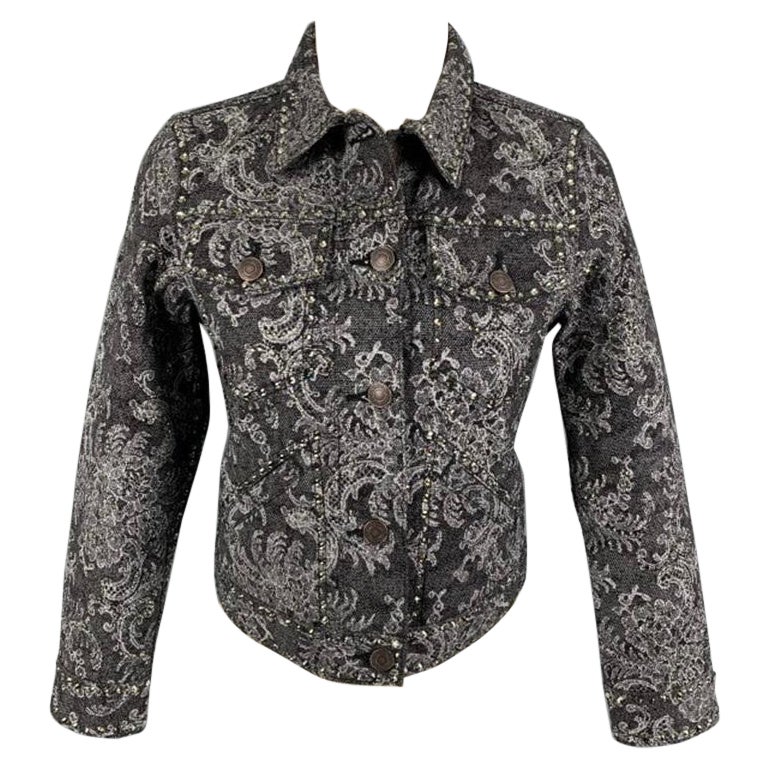 MARC JACOBS Size S Black White Denim Lace Crystal Embellishments Cropped Jacket For Sale