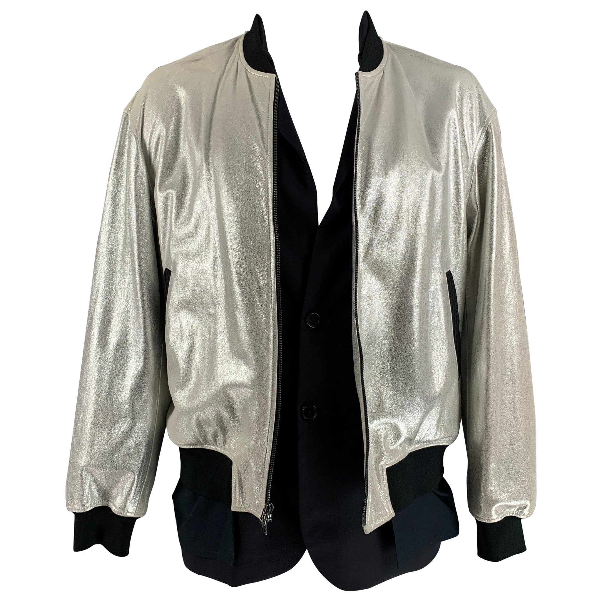 3.1 PHILLIP LIM Size L Silver Black Mixed Materials Bomber Jacket For Sale
