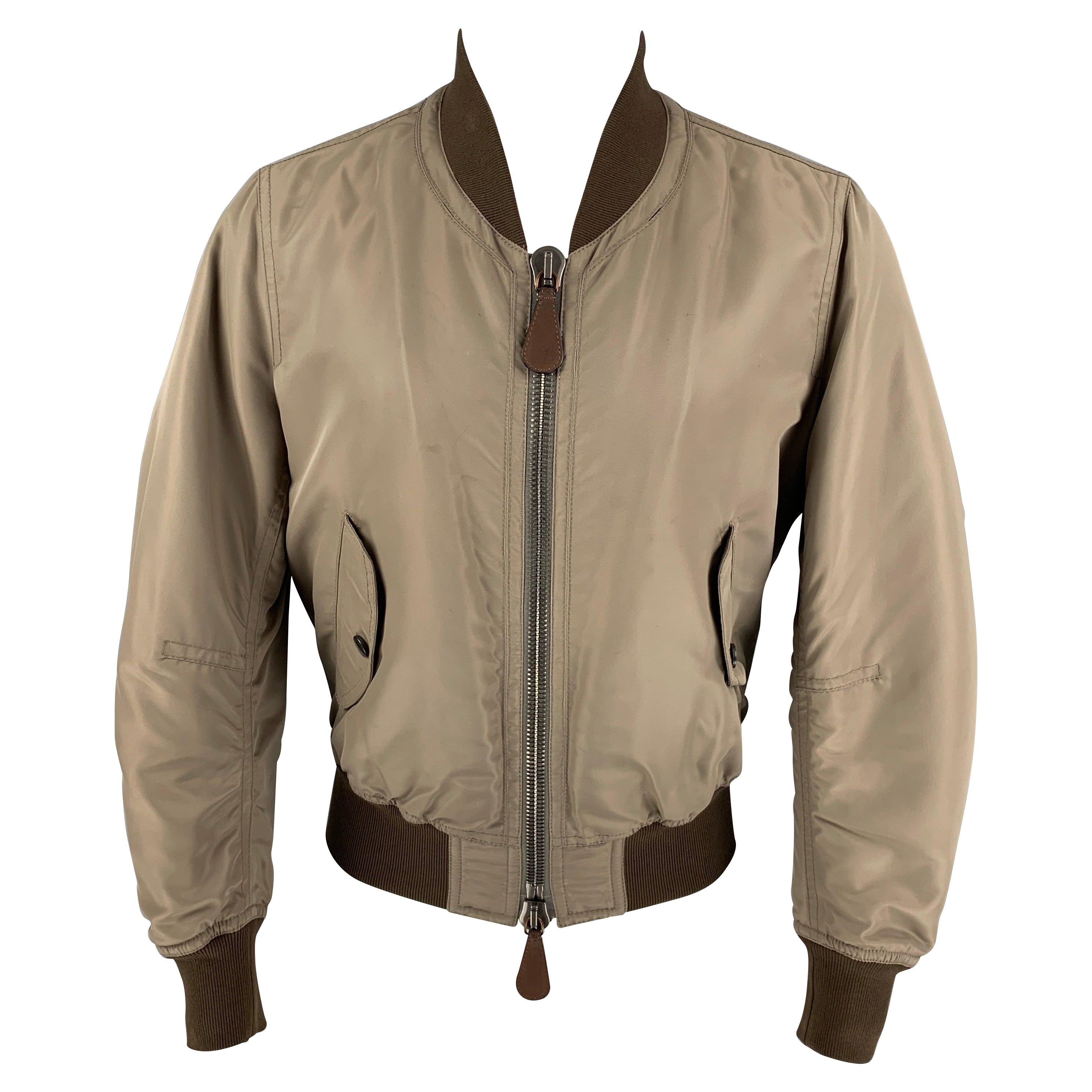 BURBERRY PRORSUM 2013 Size S Taupe & Brown Nylon Bomber Jacket For Sale