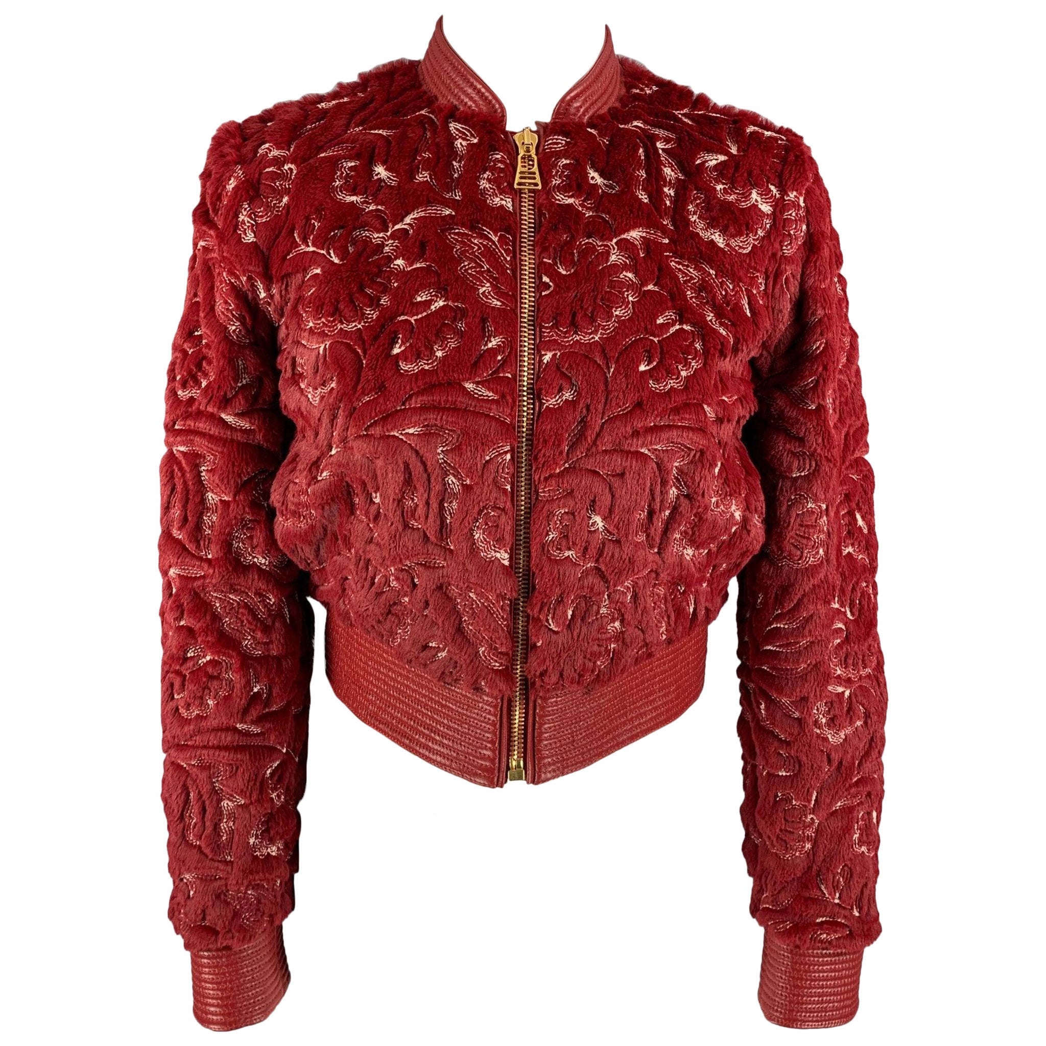 LA PERLA Size 0 Red & White Faux Fur Polyester/Cotton Embroidered Bomber Jacket For Sale