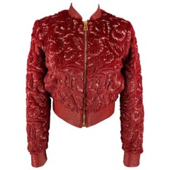 LA PERLA Size 0 Red & White Faux Fur Polyester/Cotton Embroidered Bomber Jacket
