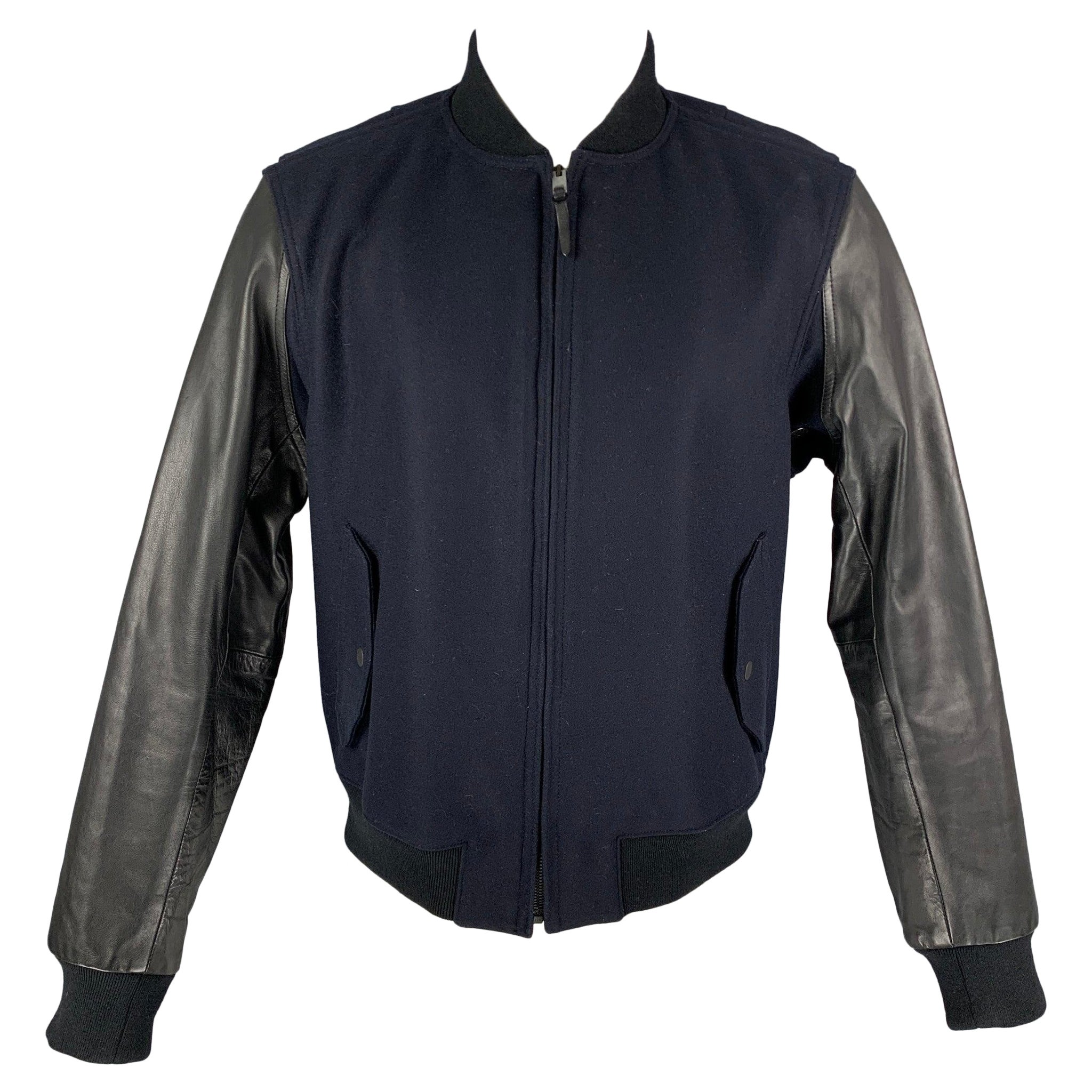 RAG & BONE Size 42 Navy Black Wool  Nylon Bomber Jacket For Sale