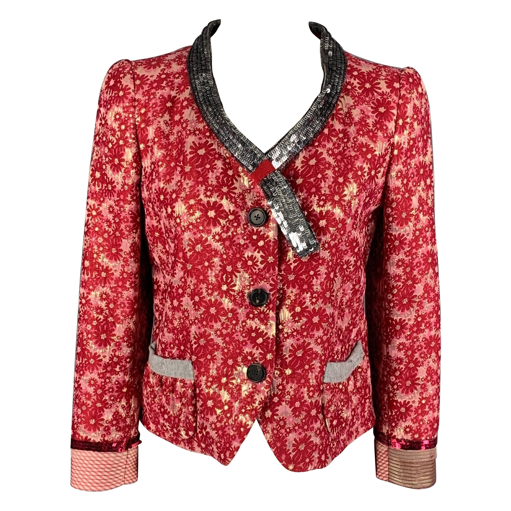MARC JACOBS Size 6 Raspberry & Silver Floral Blazer For Sale