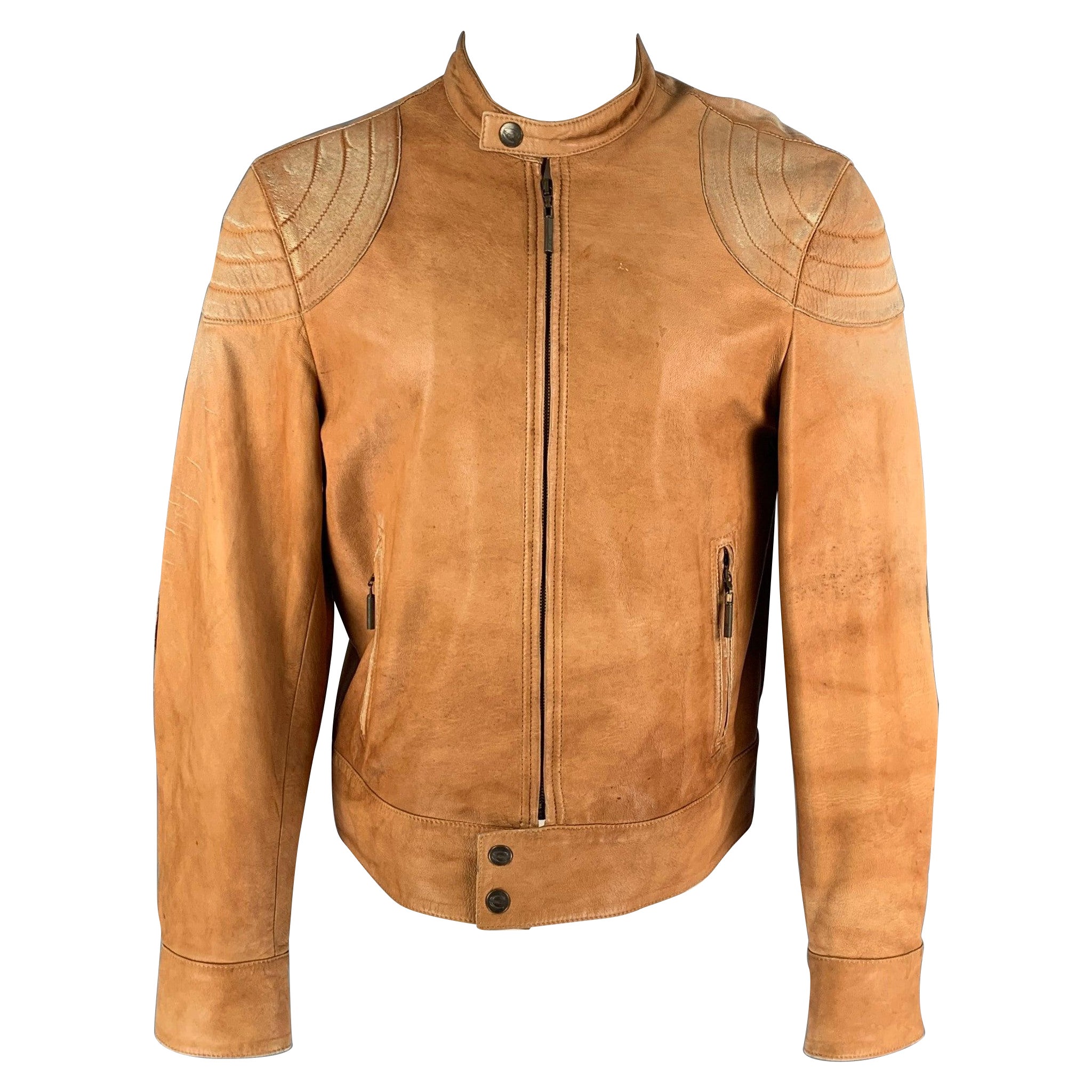 JUST CAVALLI Size 40 Tan Distressed Leather Biker Jacket For Sale