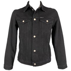 CALVIN KLEIN Size L Black & White Foundation Graphic Cotton Denim Trucker Jacket