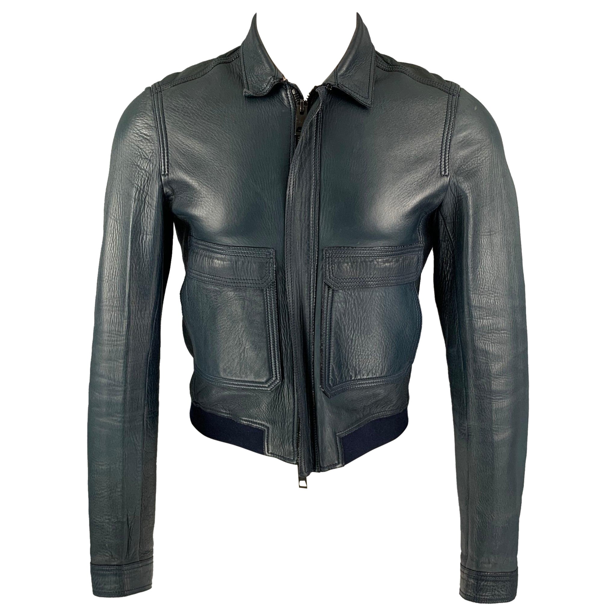 BURBERRY PRORSUM Size S Blue Navy Bonded Leather Blouson Jacket For Sale