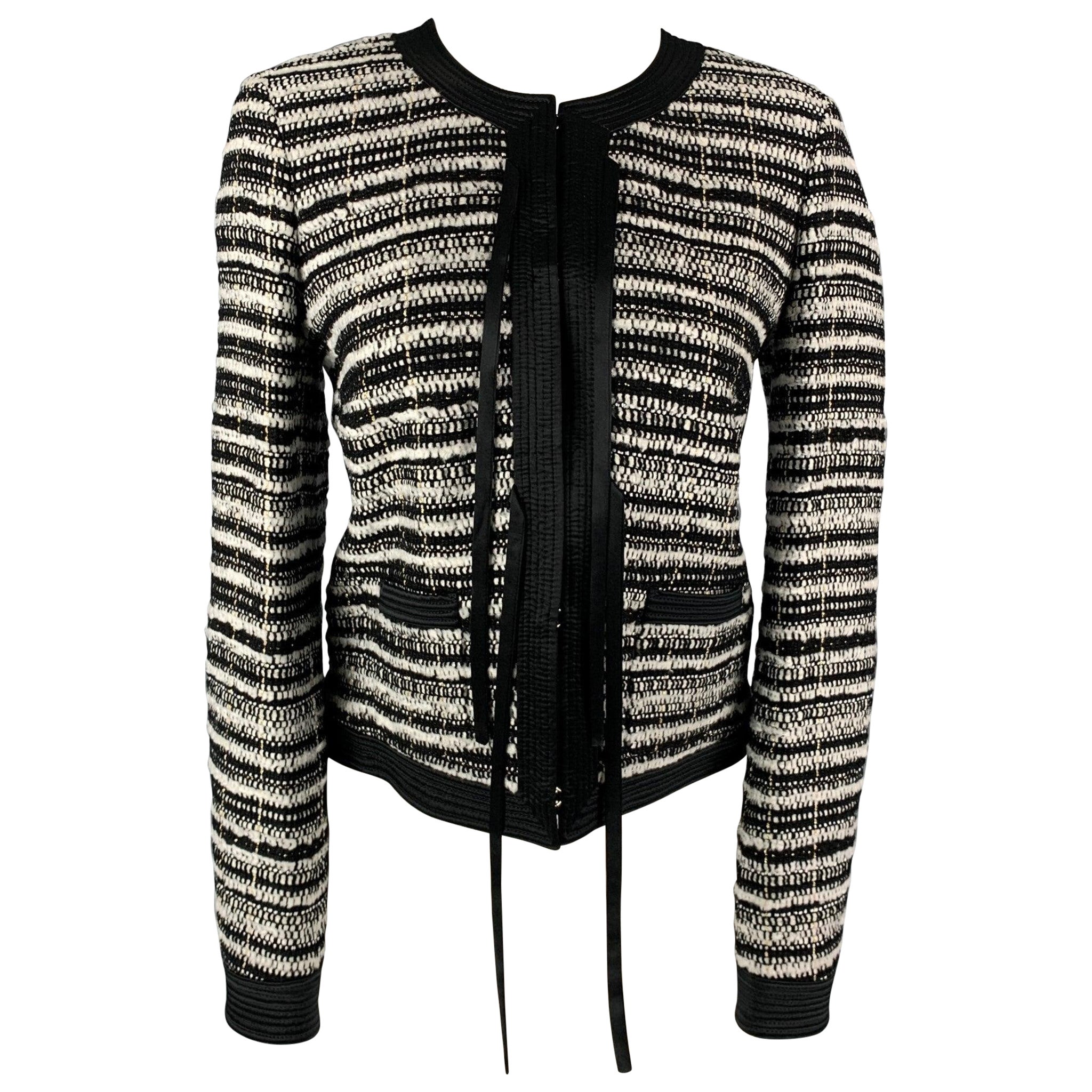 ROBERTO CAVALLI Size 6 Black & White Stripe Boucle Wool Blend Jacket For Sale
