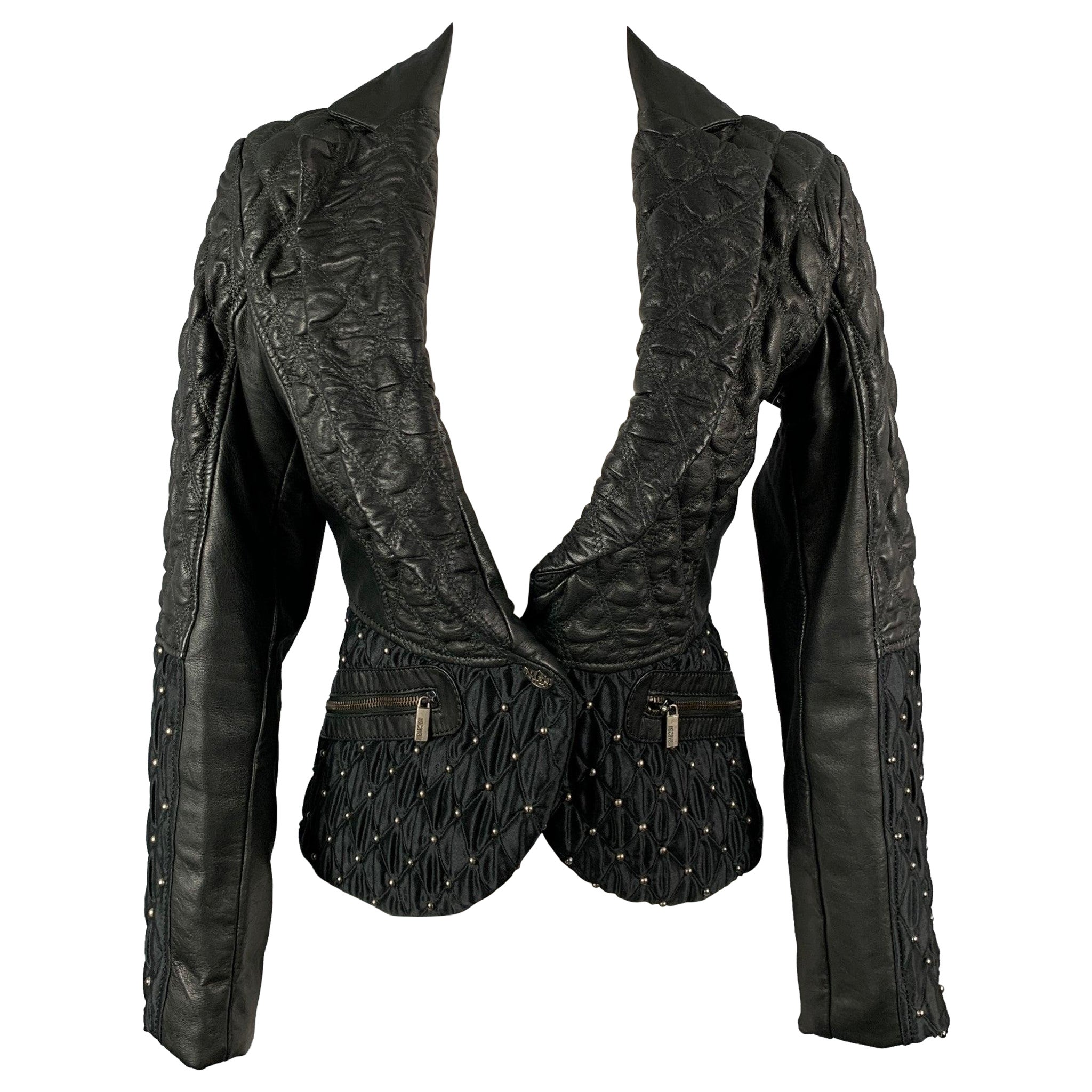 JUST CAVALLI Size 4 Black Studded Acetate / Viscose Quilted Notch Lapel Jacket For Sale