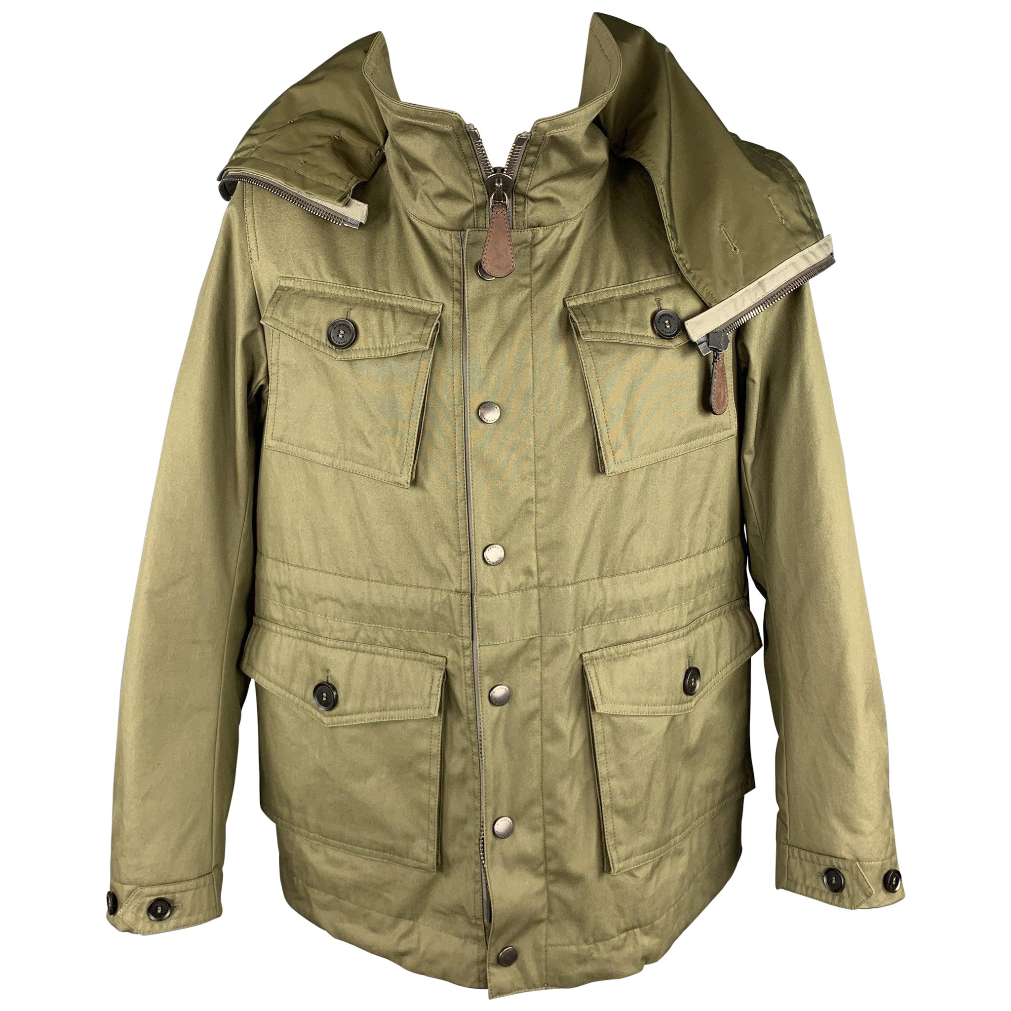 BURBERRY PRORSUM Resort 2013 Size 42 Olive Solid Cotton Zip & Snaps Jacket For Sale