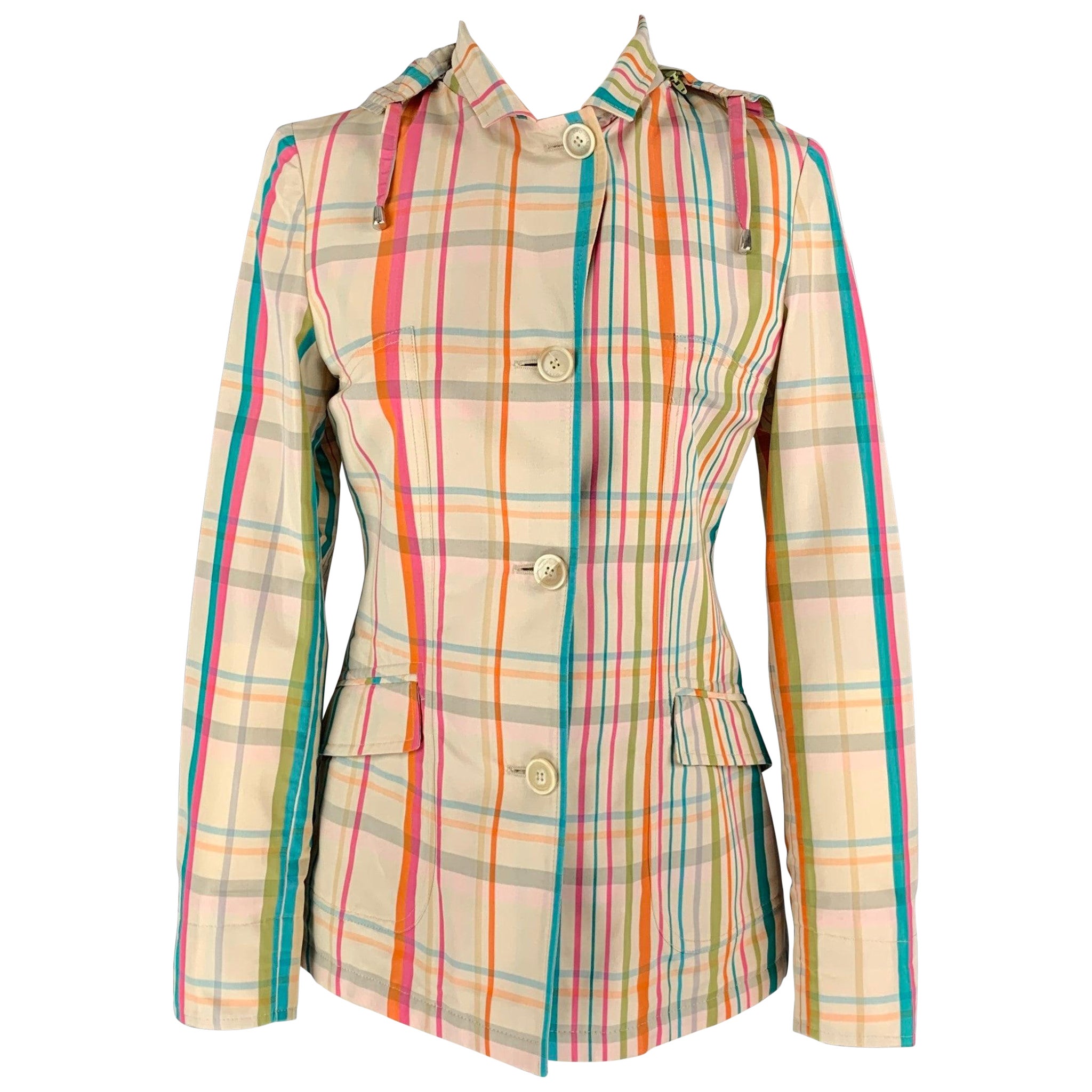 LORO PIANA Taille 4  Veste à capuchon détachable en coton / soie à carreaux multicolores en vente