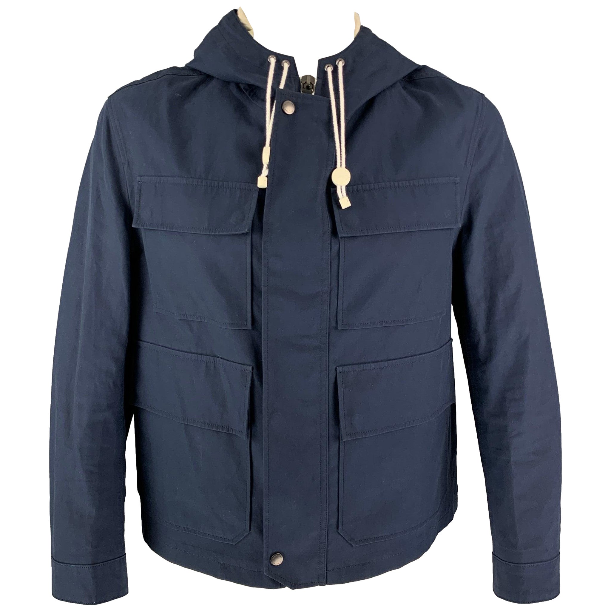 BURBERRY PRORSUM Spring 2014 Size 42 Navy Blue Coated Cotton Hooded Jacket For Sale