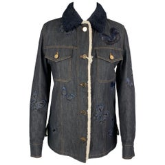 VALENTINO Size 6 Navy Butterfly brodé Cotton Sherling Collar Jacket