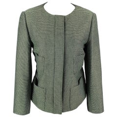 ARMANI COLLEZIONI Size 12 Green & White Woven Textured Cotton / Polyester Jacket