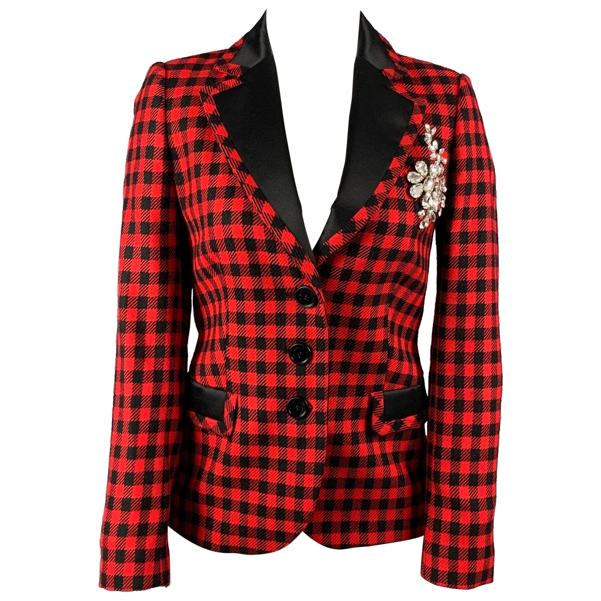LOVE MOSCHINO Size 4 Red & Black Gingham Wool Rhinestone Jacket For Sale