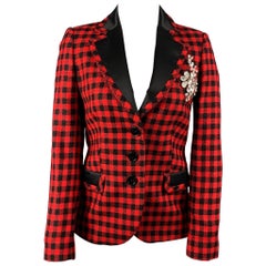 LOVE MOSCHINO Size 4 Red & Black Gingham Wool Rhinestone Jacket