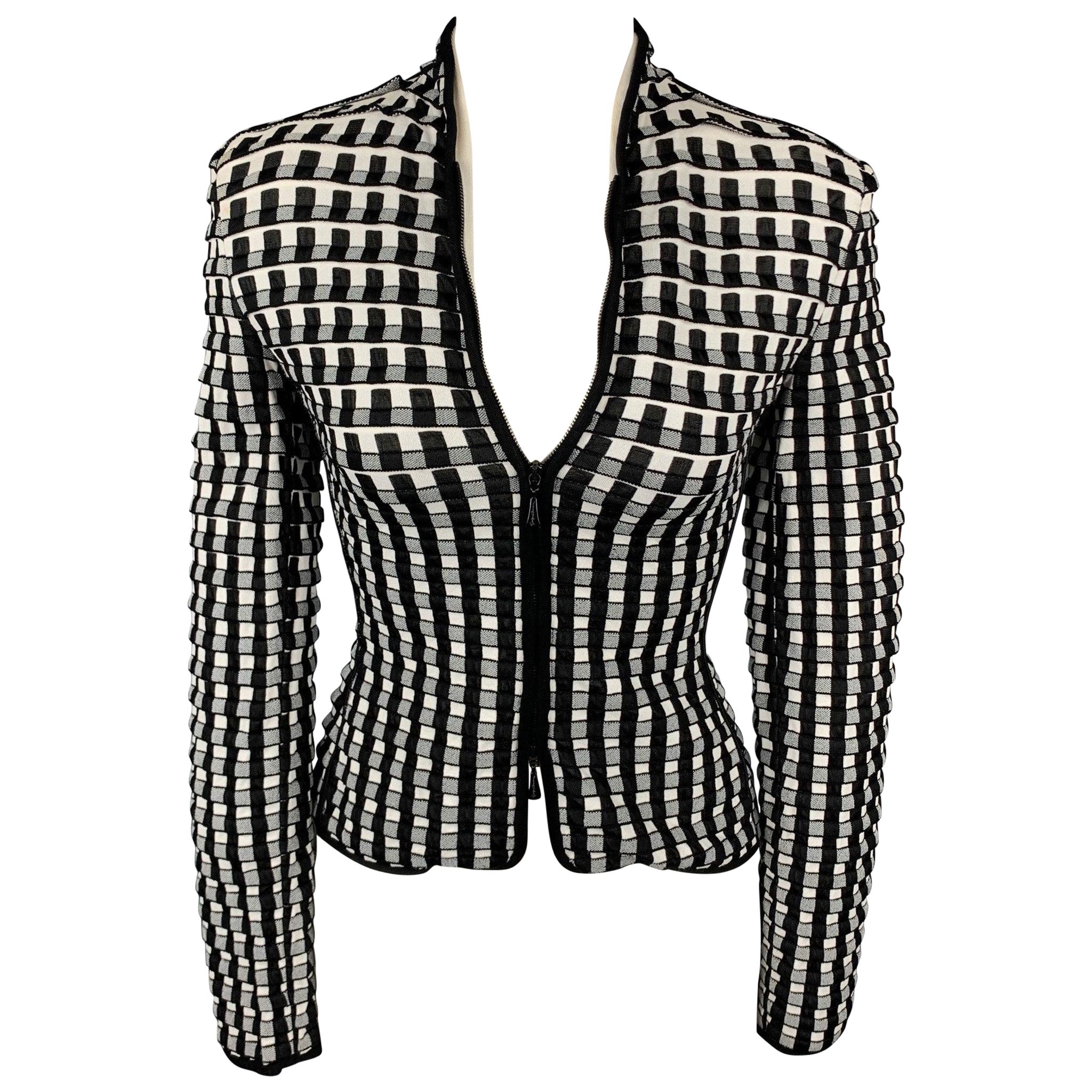 GIORGIO ARMANI Size 0 Black & White Textured Viscose Blend Jacket Blazer For Sale