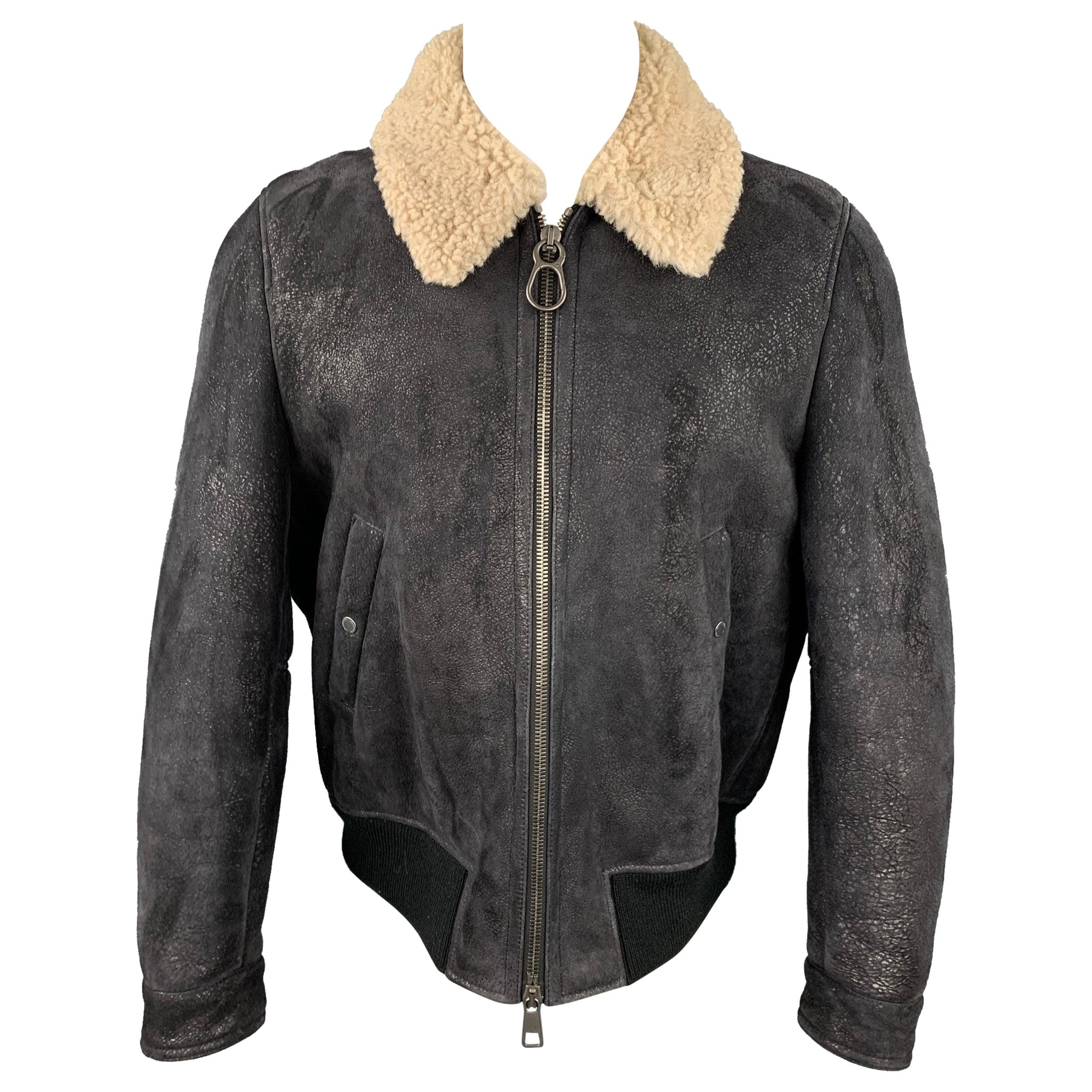 NEIL BARRETT Size L Black Textured Lambskin Zip Up Jacket For Sale