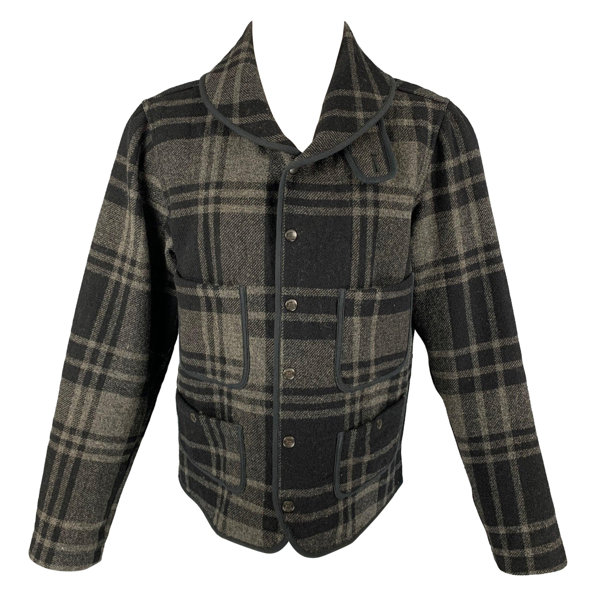 RRL by RALPH LAUREN Size M Black & Grey Plaid Wool Snaps Jacket For Sale