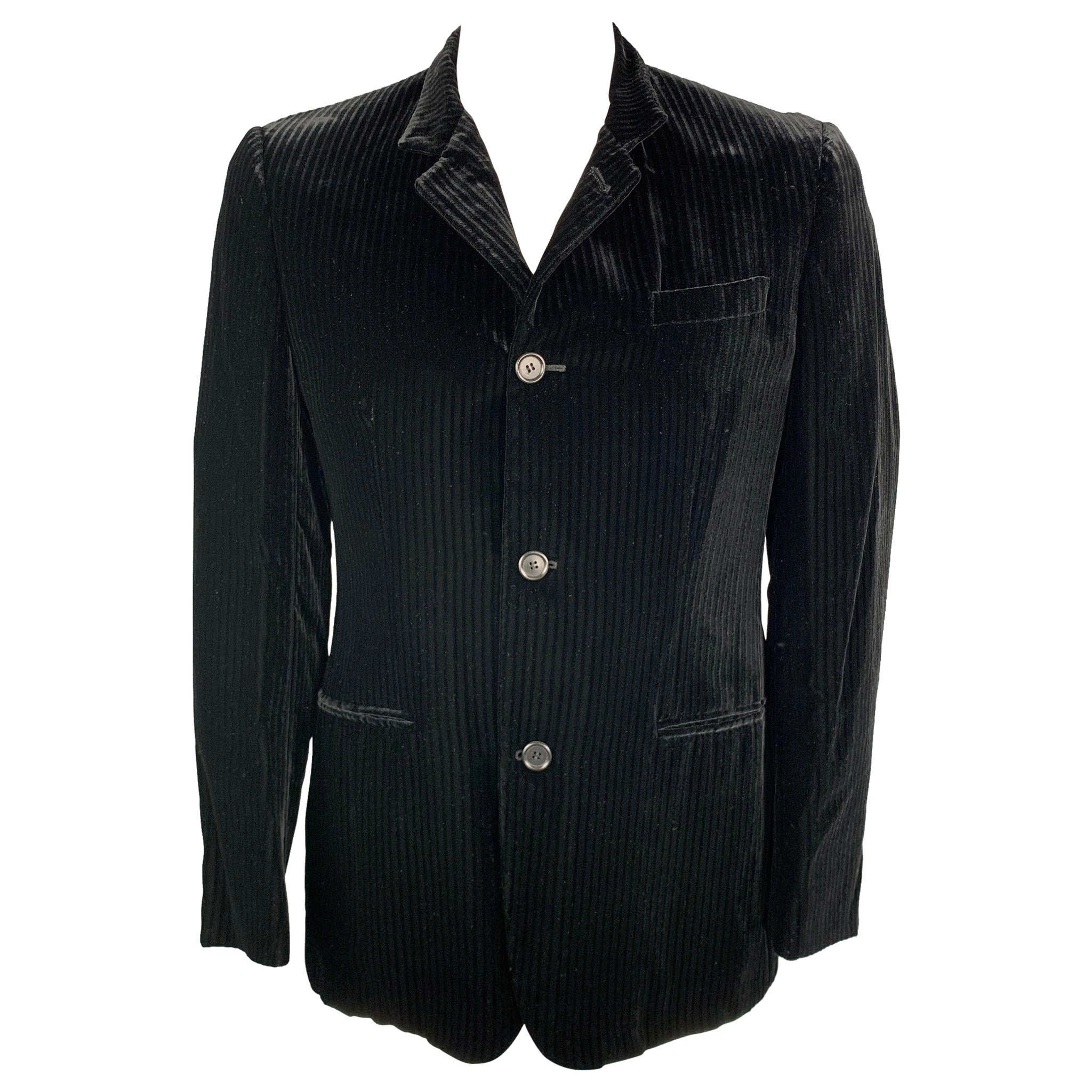 GIORGIO ARMANI Size 44 Black Stripe Rayon Velvet Buttoned Jacket For Sale