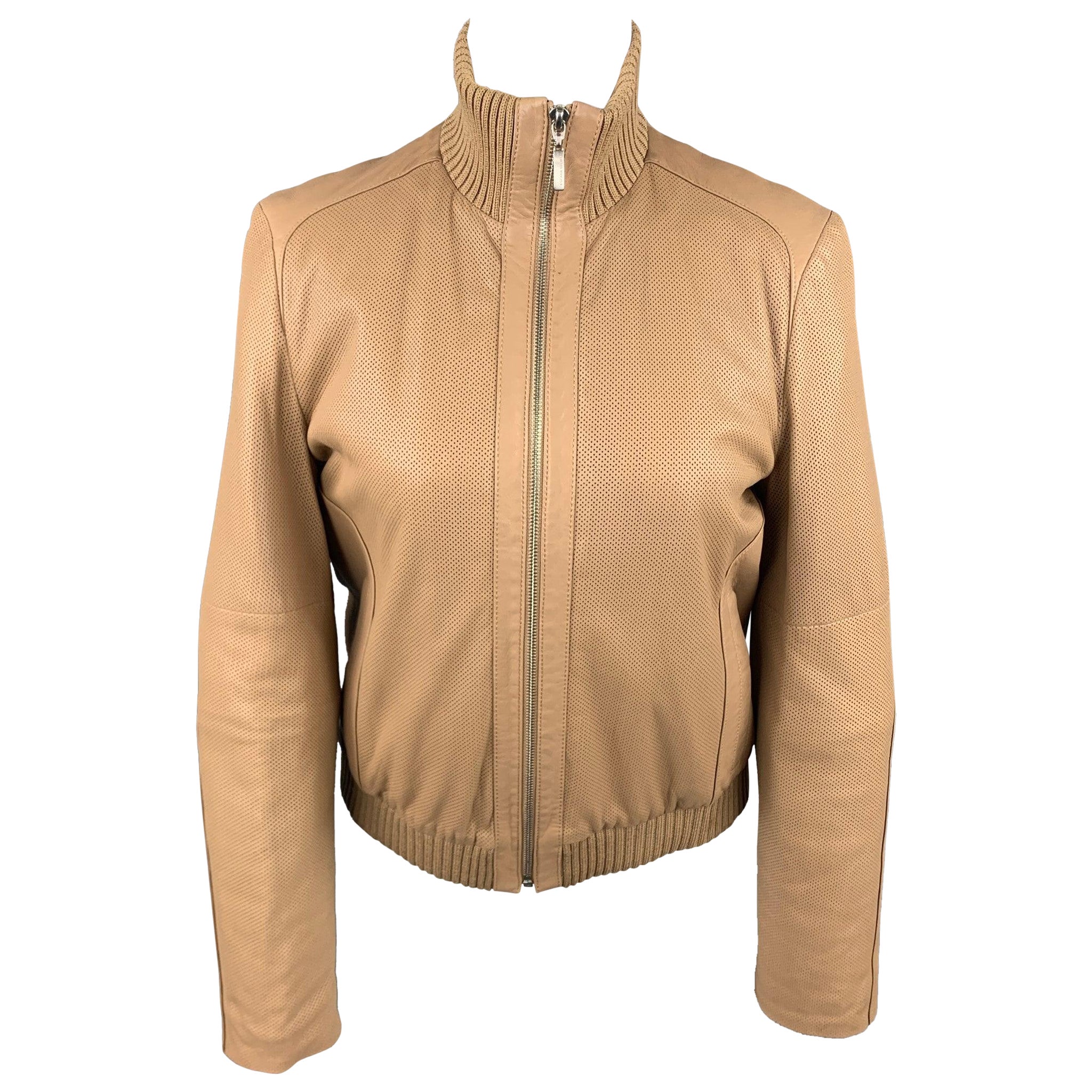 ESCADA Size 4 Beige Perforated Leather Bomber Jacket For Sale
