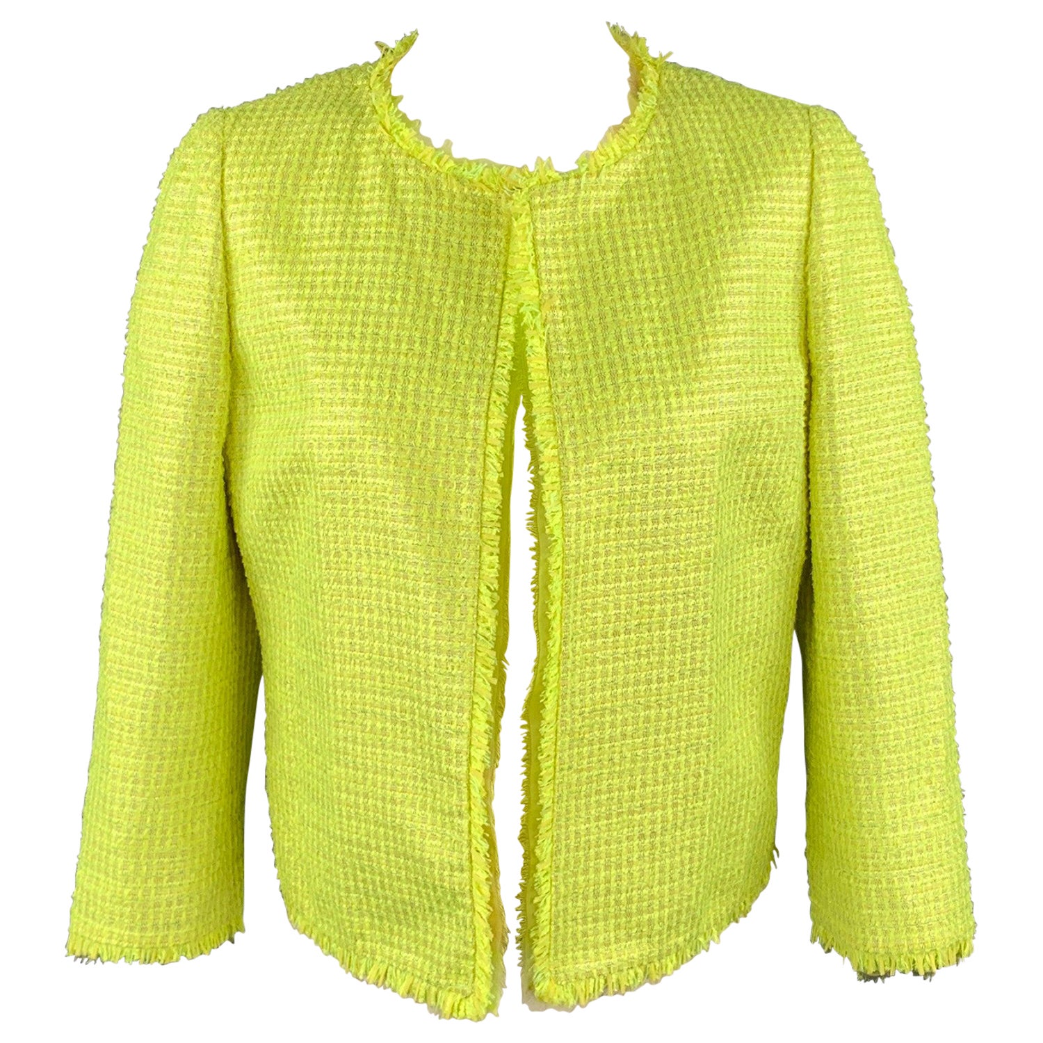 GIAMBATTISTA VALLI Size 8 Green Woven Paper Blend Cropped Open Front Jacket For Sale