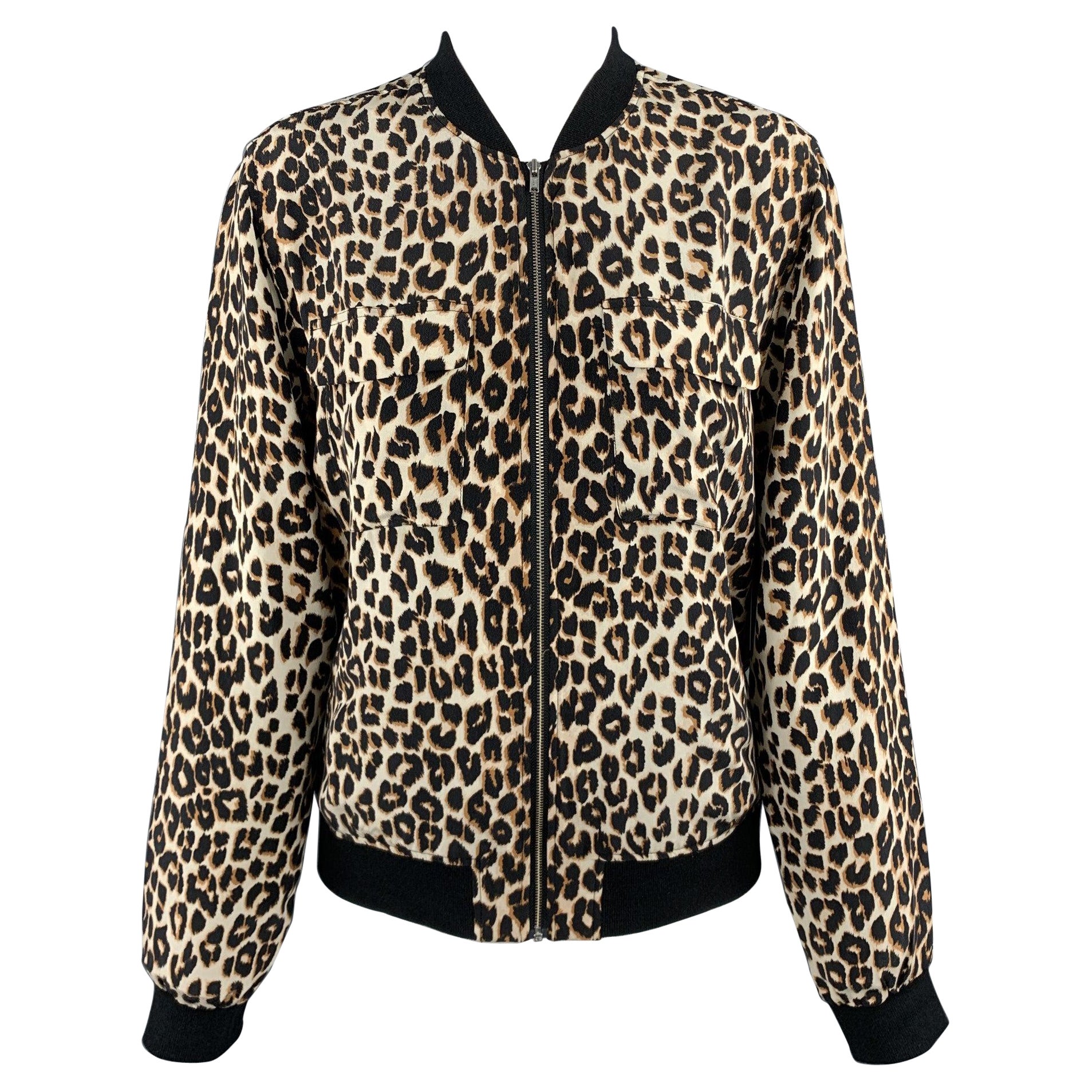 EQUIPMENT Size XS Black & Tan Leopard Silk Bomber Jacket For Sale