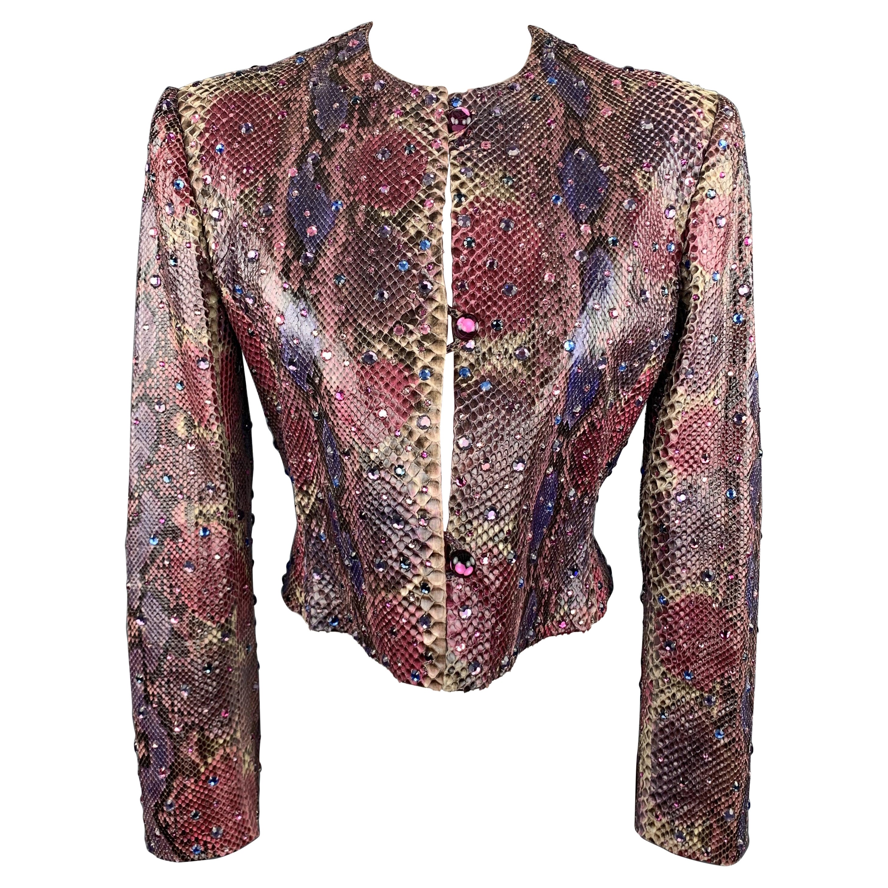 BILL BLASS Size 8 Pink & Purple Rhinestone Snake Skin Cropped Jacket For Sale