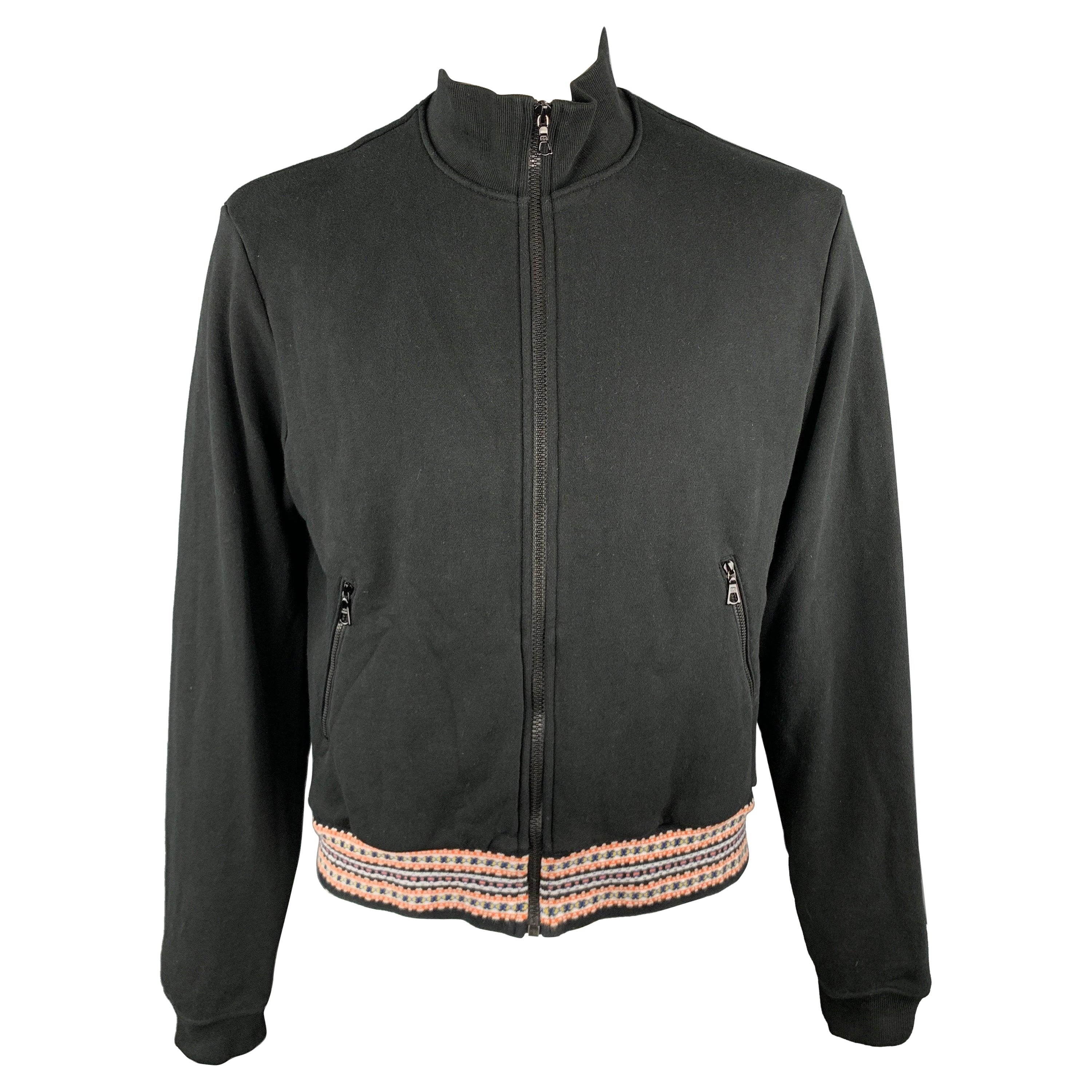 JOHN ELLIOTT Size L Black Cotton High Collar Trim Zip Pockets Zip Up Jacket For Sale