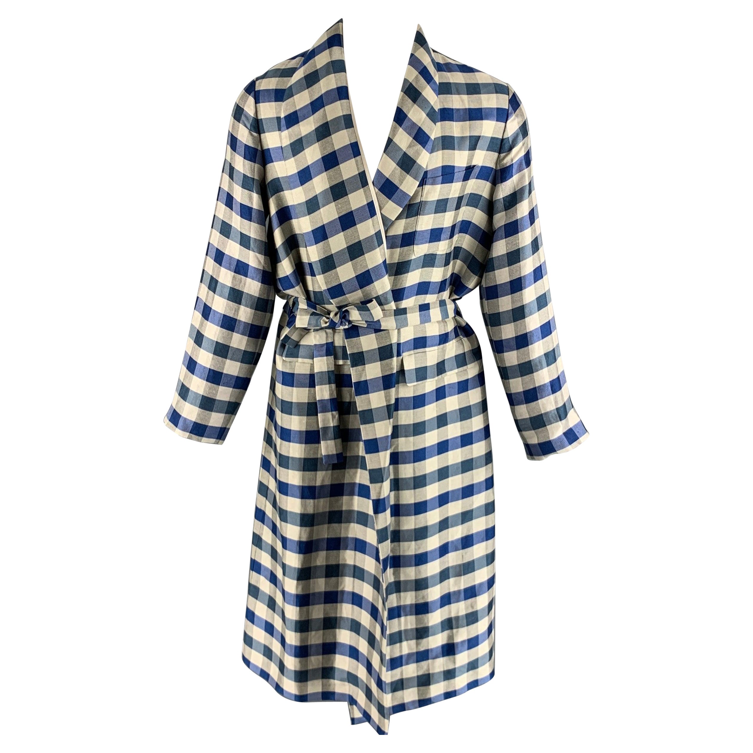 LA PERLA Size M Blue Off White Checkered Silk Linen Belted Robe For Sale